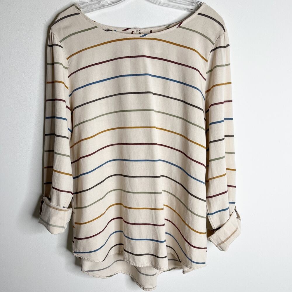Christopher & Banks Womens Tunic Blouse L Multicolor Stripe Roll Tab Long Sleeve - Picture 2 of 11